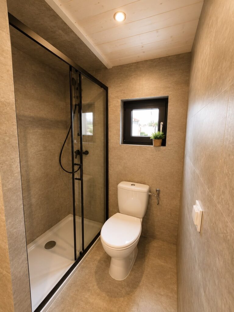 Toaleta i prysznic w łazience domku modułowego Modular 1