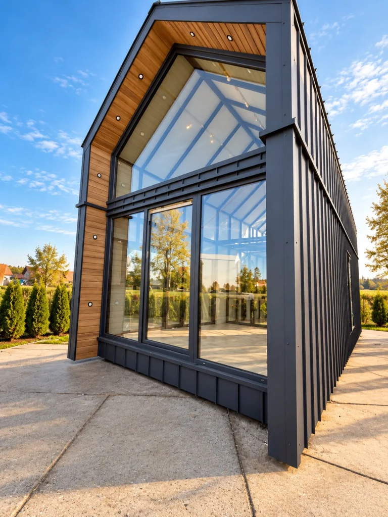 Prawa strona budynku Modular 3 i duże przeszklenia od frontu